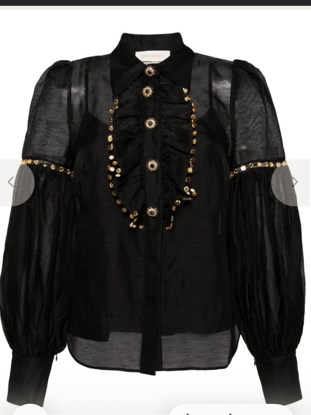 Zimmermann Black Sheer Ruffle Blouse with Gold Studs